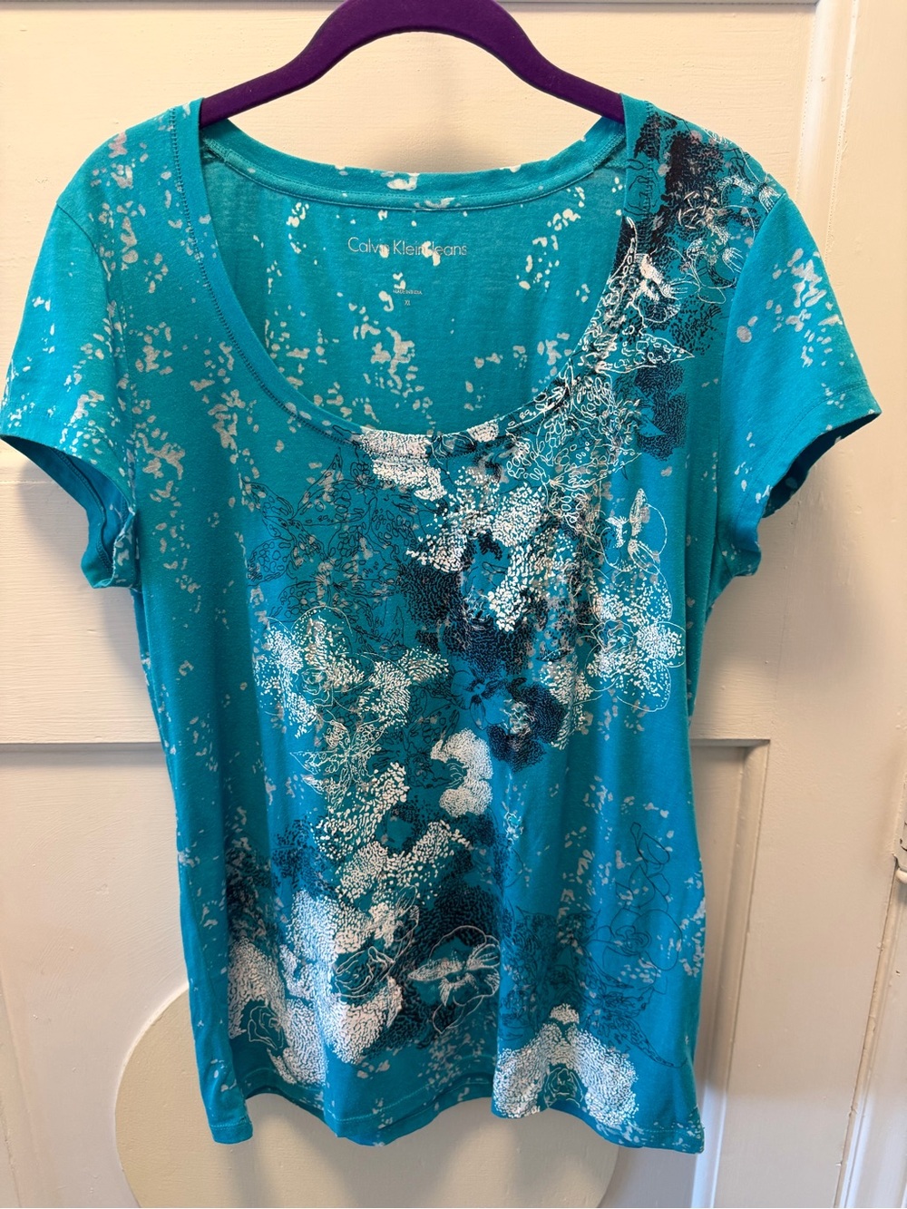 Calvin Klein Teal Floral Scoop Neck Short Sleeve Tee